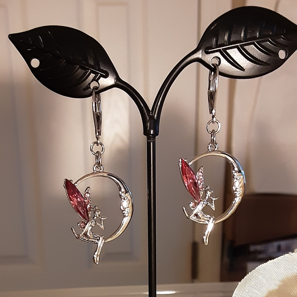 Hand Crafted Fairy On The Moon Earrings Pink / Silver  2" Long